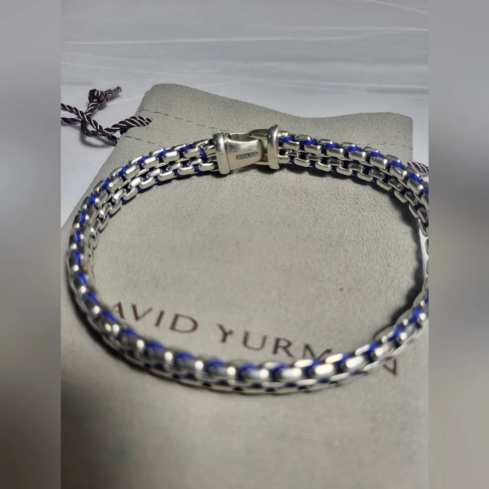 David Yurman Silver Box-Chain Bracelet with Blue Accents Authentic. # 229